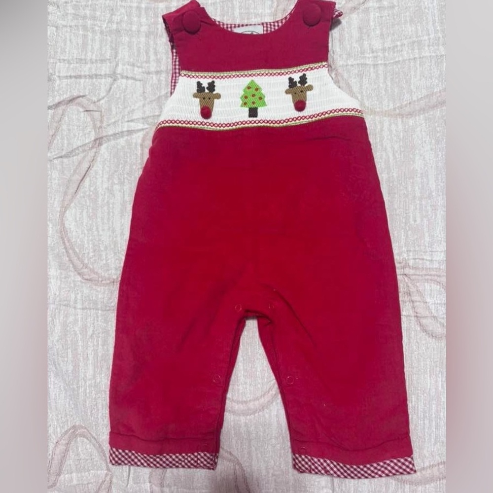 Festive Red Baby Overalls with Holiday Design